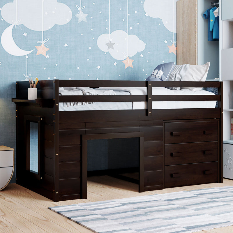 DreamHaus loft bed with integrated cabinet and shelf, featuring a sturdy wooden frame and space-saving design for a child's bedroom.