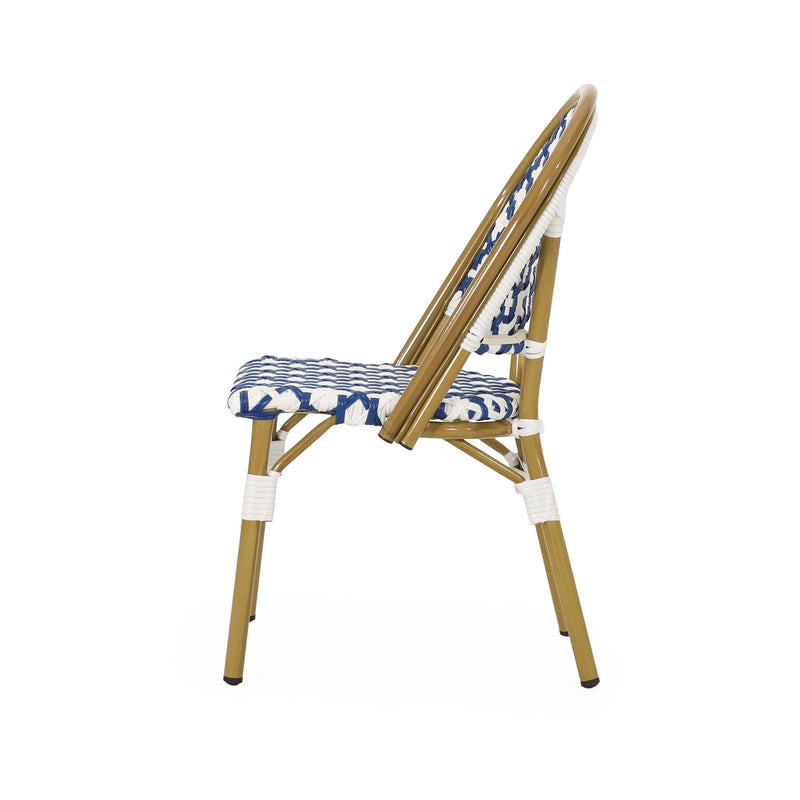 Noble House armless French bistro chair with durable rattan seat and lightweight aluminum frame, suitable for indoor or outdoor dining.