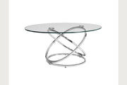 Chrome cocktail table set by Bernards Furniture featuring sleek, modern design with round glass tops and chrome legs.