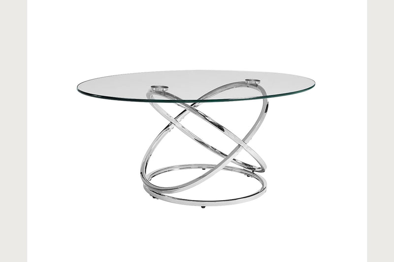 Chrome cocktail table set by Bernards Furniture featuring sleek, modern design with round glass tops and chrome legs.