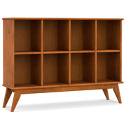 Simpli-Home Draper handcrafted low bookcase with cube organizers, featuring open shelves and a natural wood finish.