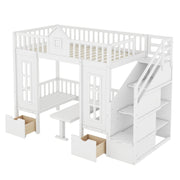 DreamHaus twin over twin bunk bed with changeable table, featuring upper bed and down desk for versatile sleeping and workspace.