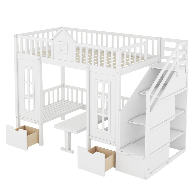 DreamHaus twin over twin bunk bed with changeable table, featuring upper bed and down desk for versatile sleeping and workspace.
