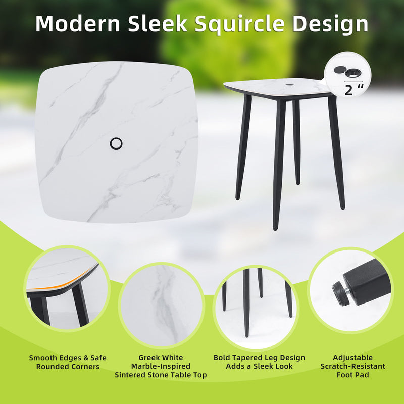 Life Outside outdoor bar table with rounded square sintered stone top, umbrella hole, rust-free frame, weatherproof in black and white.