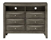 Glory Furniture Marilla media chest with drawers and open shelf for TV and media storage in a modern living room setting.