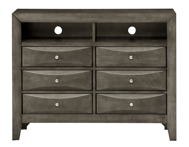 Glory Furniture Marilla media chest with drawers and open shelf for TV and media storage in a modern living room setting.