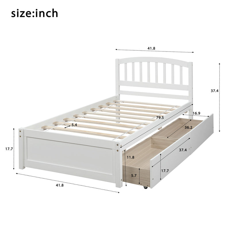 DreamHaus platform storage bed with wood frame, two drawers, and headboard, showcasing a modern design in a bedroom setting.