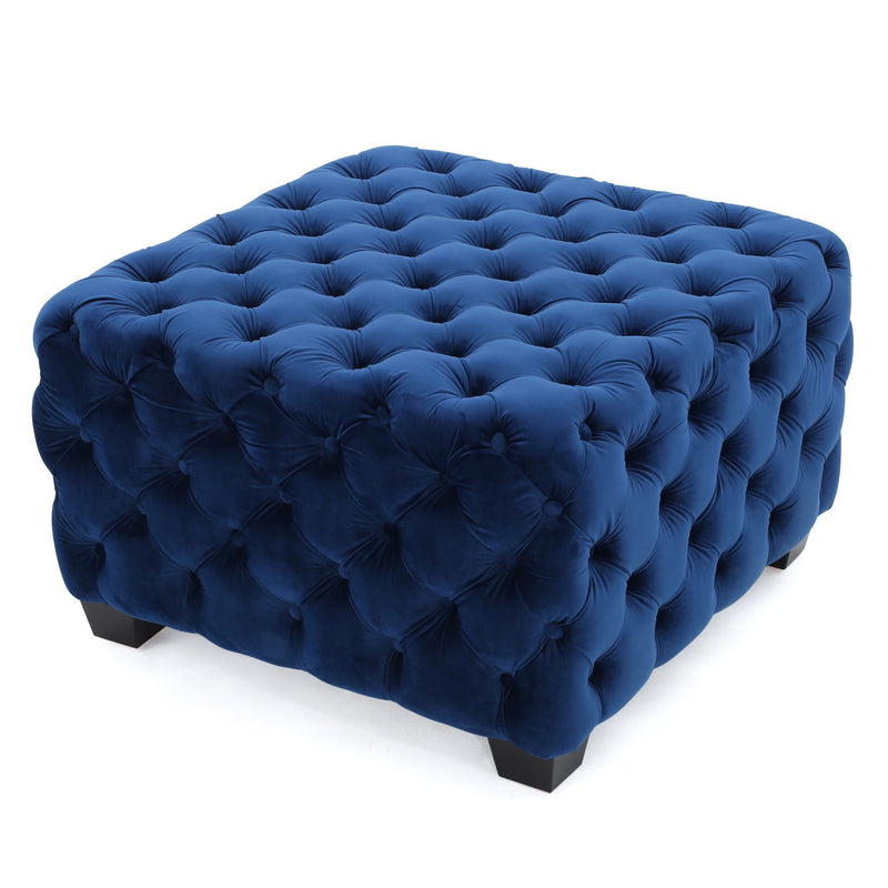 Noble House modern glam upholstered ottoman with button tufted design and plush fabric, versatile for living room decor.