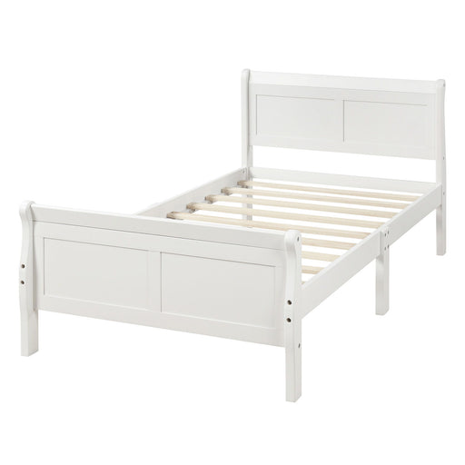 DreamHaus platform bed frame with wooden slats, sleigh style headboard and footboard, sturdy mattress foundation for a stylish bedroom