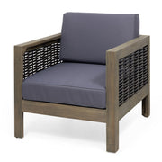 Noble House outdoor acacia wood club arm chair with wicker accents, featuring a sturdy frame and comfortable seating for outdoor spaces.