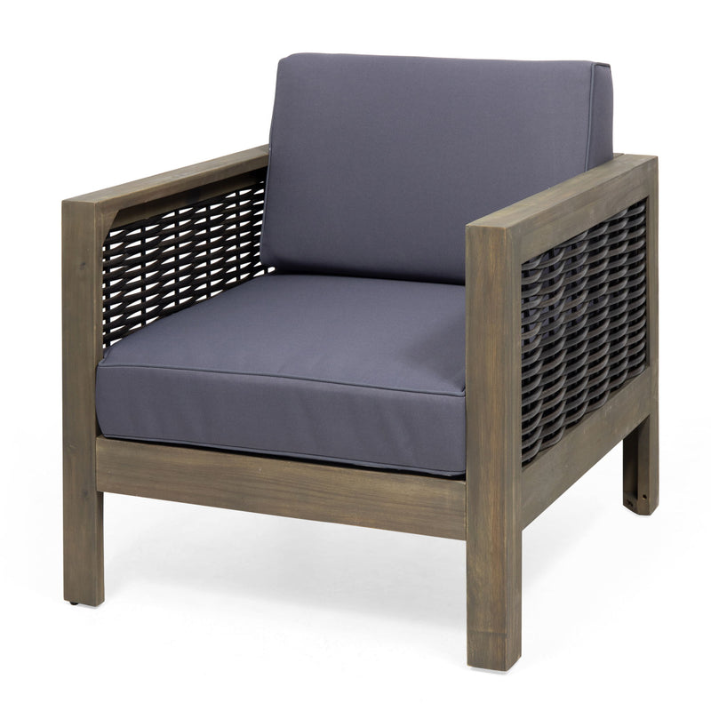 Noble House outdoor acacia wood club arm chair with wicker accents, featuring a sturdy frame and comfortable seating for outdoor spaces.