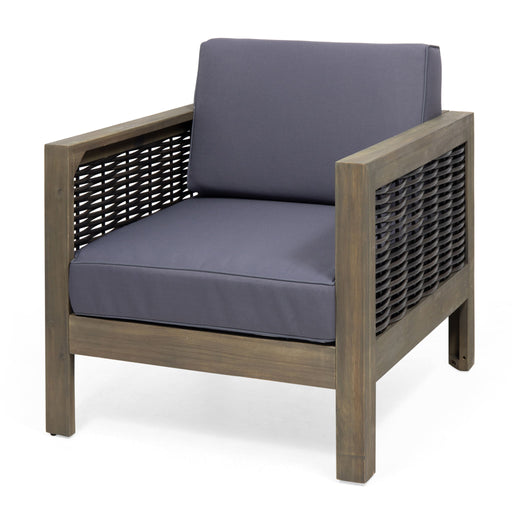 Noble House outdoor acacia wood club arm chair with wicker accents, featuring a sturdy frame and comfortable seating for outdoor spaces.