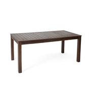 Dark brown acacia wood outdoor dining table with slatted top by Noble House, showcasing a sturdy, stylish design for outdoor dining spaces.
