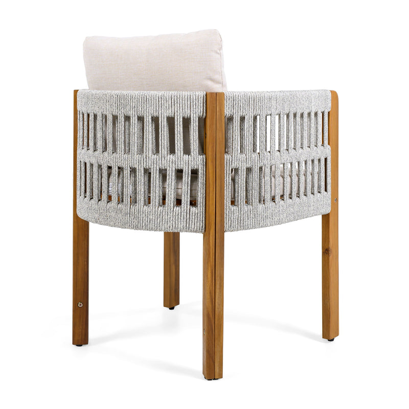 Set of two Noble House outdoor dining chairs with woven rope handles, featuring stylish and comfortable seating for outdoor dining spaces.