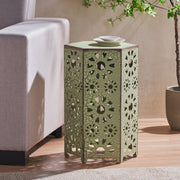 Noble House Galore side table with sunburst cut out design, round wooden surface and stylish modern accent piece