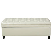 Noble House Juliana storage ottoman with a soft cushioned top and birch wood legs, ideal for living room storage and seating.