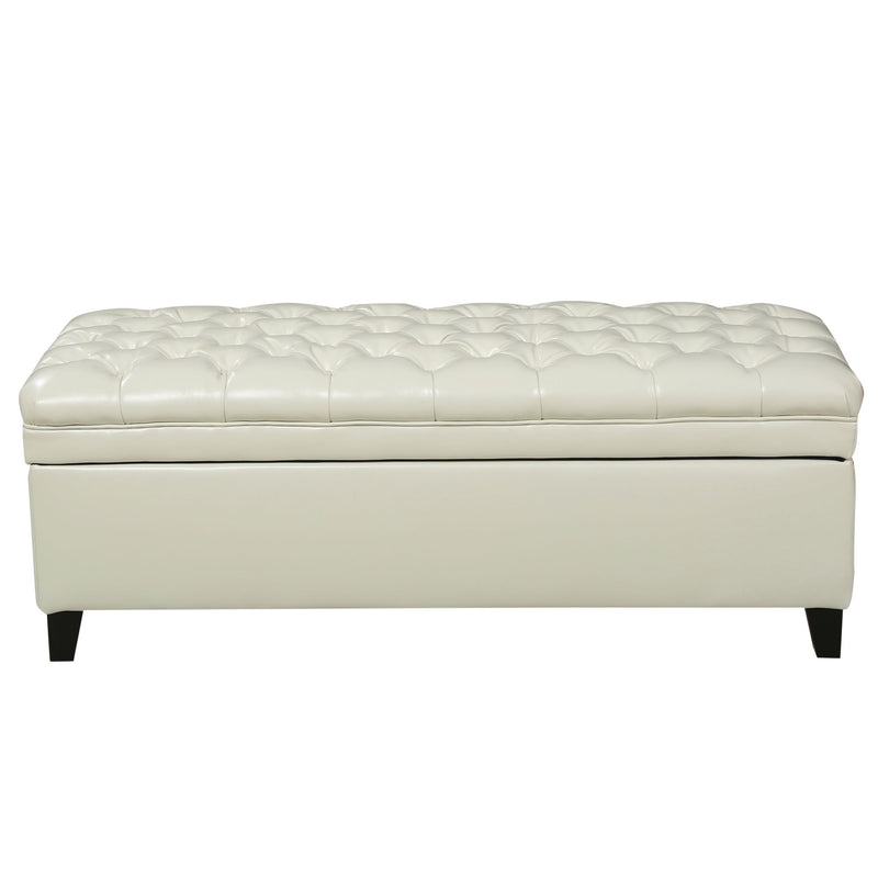 Noble House Juliana storage ottoman with a soft cushioned top and birch wood legs, ideal for living room storage and seating.