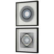 Set of two black geometric art wall decor pieces by Uttermost, featuring modern string design for stylish interior accents.