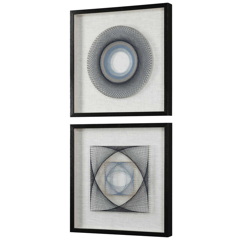 Set of two black geometric art wall decor pieces by Uttermost, featuring modern string design for stylish interior accents.