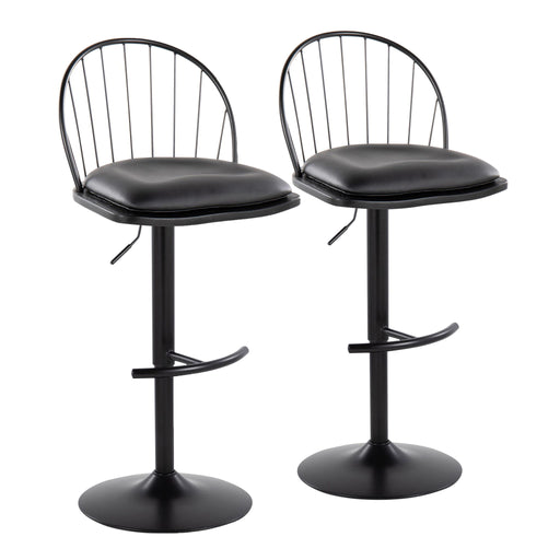 Set of two Lumi Source Riley farmhouse adjustable height barstools with swivel and rounded T footrest, perfect for kitchen or bar area.