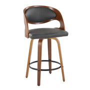 Lumi Source Pino mid-century modern fixed height barstool set with swivel and round footrest, featuring sleek wooden design and cushioned seats.