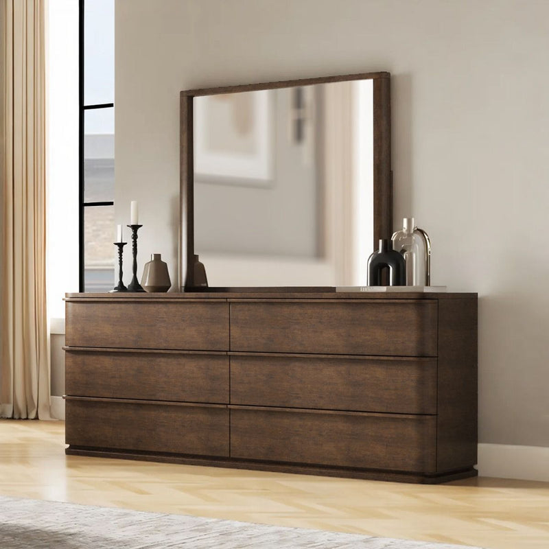 ACME Zoey brown oak mirror with sleek rectangular frame, showcasing modern design and polished wood finish.