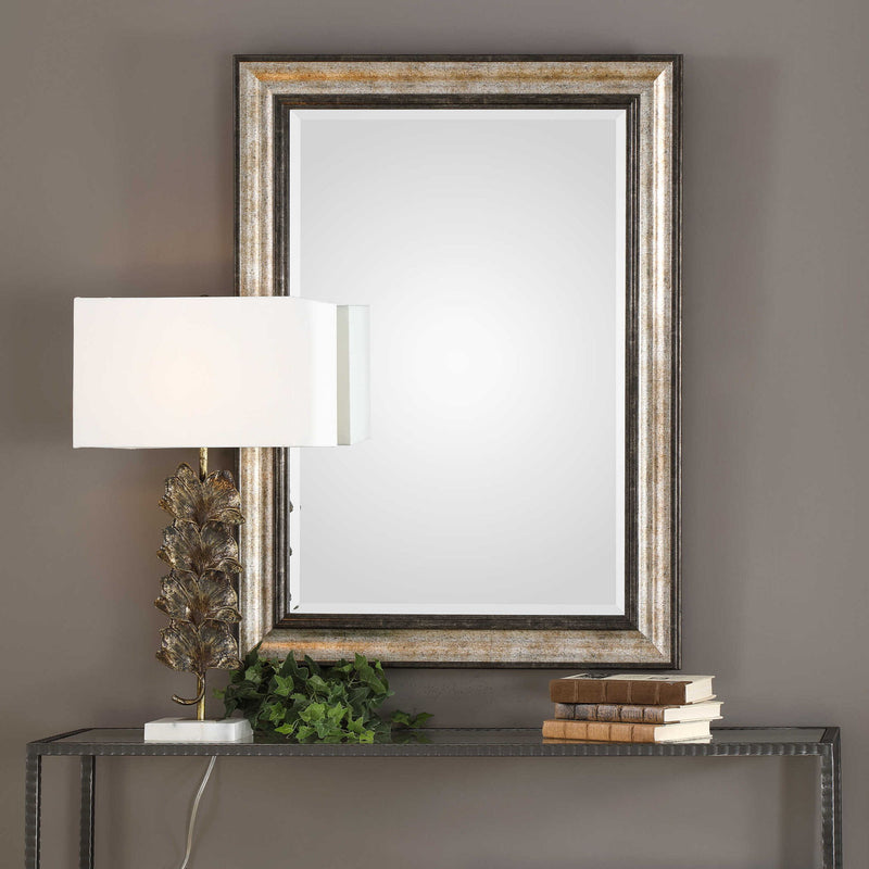 Uttermost Shefford wall mirror with antiqued silver finish, featuring a stylish, decorative frame for elegant wall decor.
