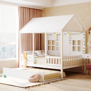 DreamHaus house bed with twin-size trundle and daybed, featuring a cozy wooden frame and versatile sleeping options.