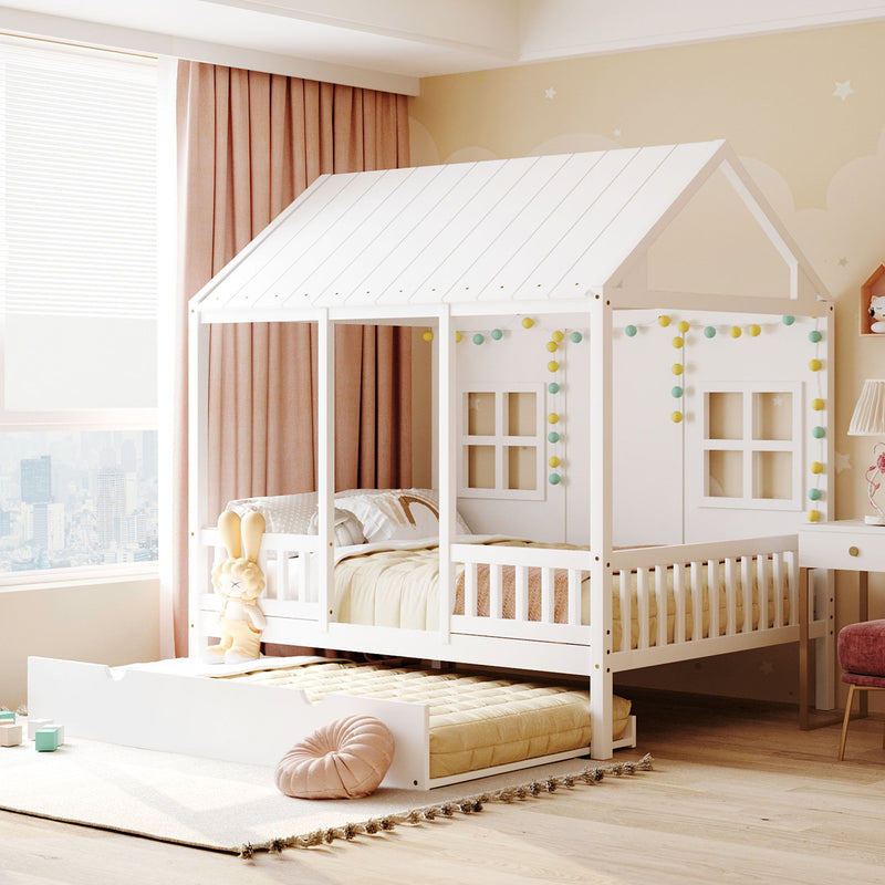 DreamHaus house bed with twin-size trundle and daybed, featuring a cozy wooden frame and versatile sleeping options.