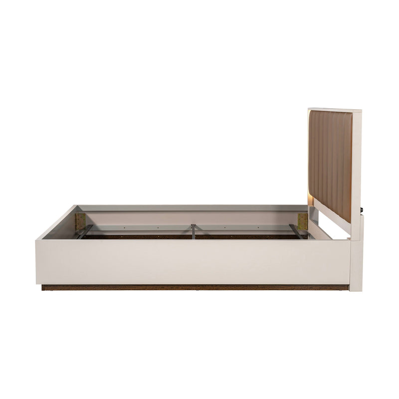 Michael Amini Pavira upholstered bed with integrated LED lights, showcasing a luxurious, modern design with plush fabric and sleek headboard.