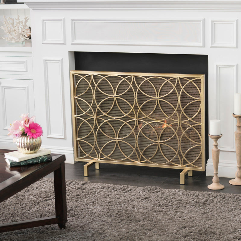 Noble House Thayer single panel iron fireplace screen with geometric design, decorative metal screen for fireplace safety and style