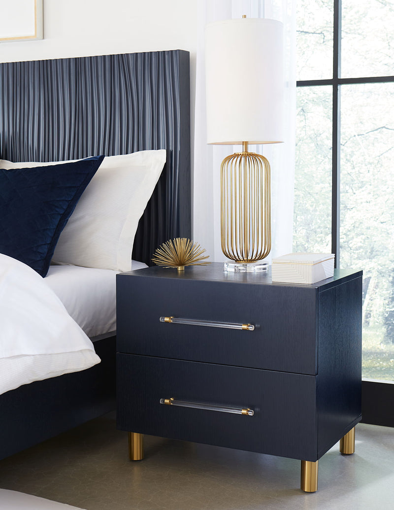 Modus Argento navy blue two-drawer USB charging nightstand with burnished brass accents, showcasing its sleek modern design.