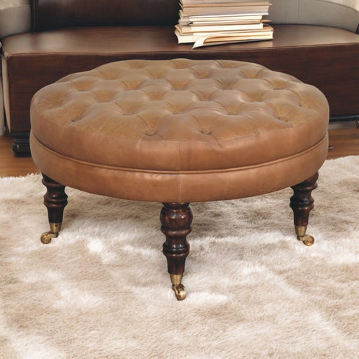 Buffalo - Round Ottoman With Castor Legs - Brown - R&R Furniture Gallery (Fountain Valley, CA)