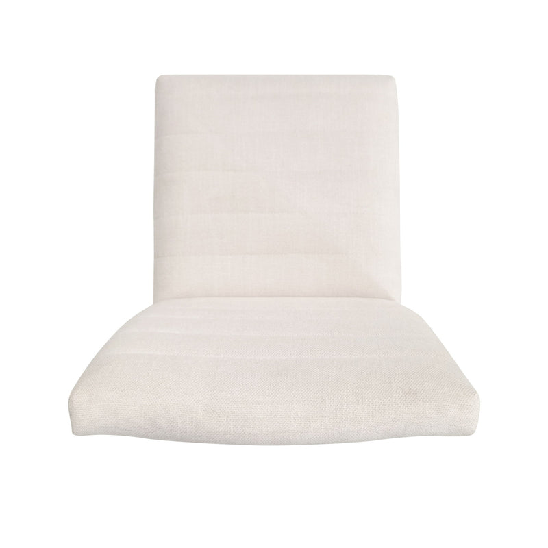 Two upholstered Noble House dining chairs with beige fabric and black rubber legs, set of 2, shown from a front angle.