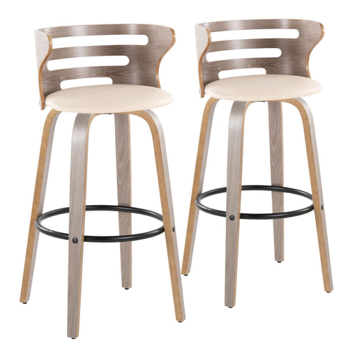 Lumi Source Cosini mid-century modern fixed height and swivel barstools with round footrests, set of two, featuring sleek wood and metal design.