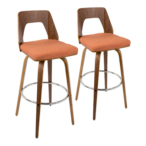 Pair of Lumi Source Trilogy Mid Century Modern Barstools, set of 2, featuring sleek wooden seats and metal legs for contemporary style.