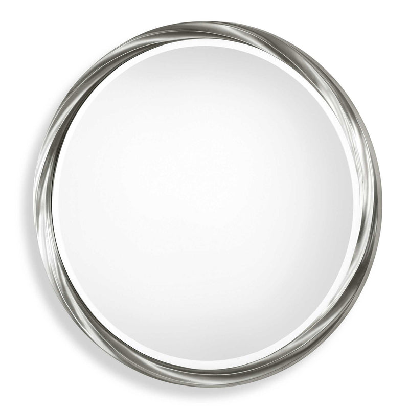 Silver round wall mirror by Uttermost with a sleek, modern frame, perfect for contemporary home decor.