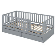 DreamHaus storage daybed with fence guardrails and two drawers, featuring a versatile split into a floor bed and daybed.