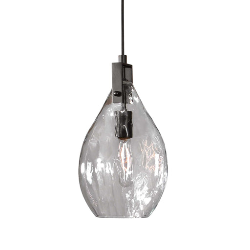 Uttermost Campester 1 Light Watered Glass Mini Pendant in Pearl Silver hanging light fixture with textured glass shade.