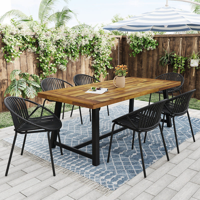 Noble House stackable outdoor chairs with breathable plastic backrests, set of two, for patio or garden seating.