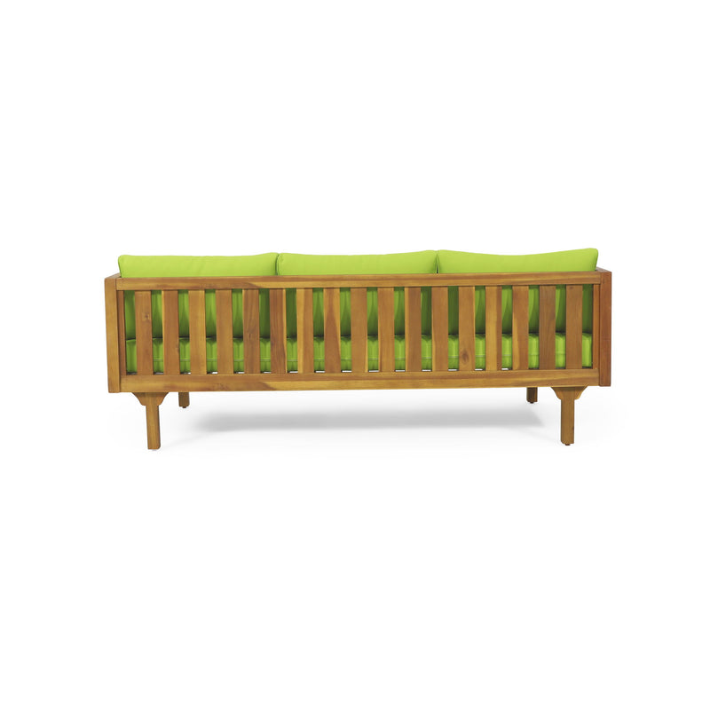 Noble House Claremont 3 seater teak acacia wood daybed sofa with water-resistant cushions, ideal for outdoor relaxation.