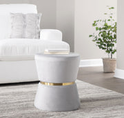 Lumi Source Gemma contemporary accent ottoman in silver and gold with a sleek, modern design and plush cushioning.