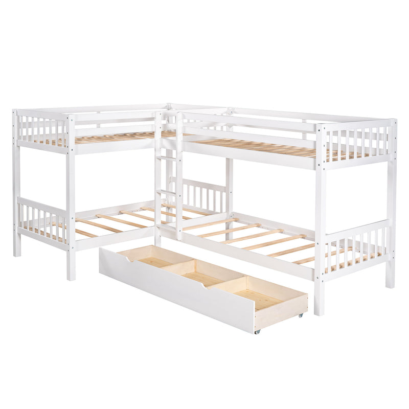 DreamHaus L-shaped bunk bed with built-in drawers, featuring a modern design and sturdy wooden frame for space-saving sleep solution.