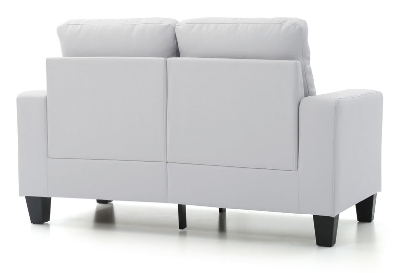 Glory Furniture Newbury track arm loveseat in cozy fabric with cushioned seat and back for comfortable seating in small spaces.