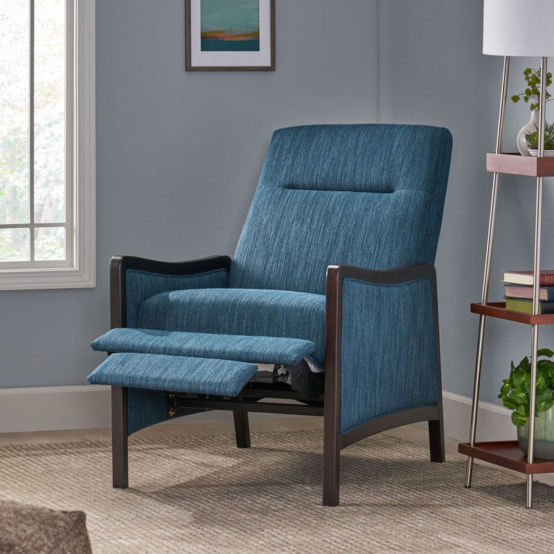 Noble House Drury contemporary fabric upholstered pushback recliner in neutral tones, showcasing a modern and comfortable design.
