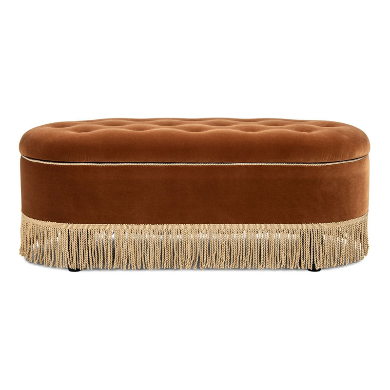 Jennifer Taylor Home Melinda oval tufted bullion fringe storage bench with beige upholstery and wooden legs.