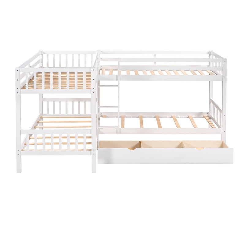 DreamHaus L-shaped bunk bed with built-in drawers, featuring a modern design and sturdy wooden construction for space-saving sleeping solutions.