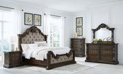 Maylee upholstered 6-piece bedroom set by Signature Design Ashley featuring a bed frame, nightstands, dresser, and mirror in neutral fabric.