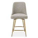 Upholstered gray and gold counter stool with wooden legs, 24-27 inch height, by Uttermost Bramwell collection.