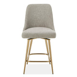 Upholstered gray and gold counter stool with wooden legs, 24-27 inch height, by Uttermost Bramwell collection.